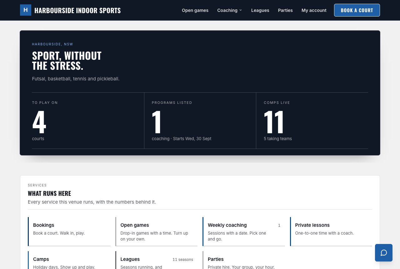 Board design, light, on the home page of a sample venue