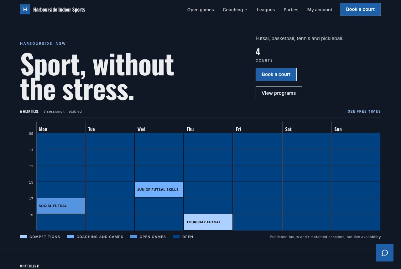 Grid design, dark, on the home page of a sample venue