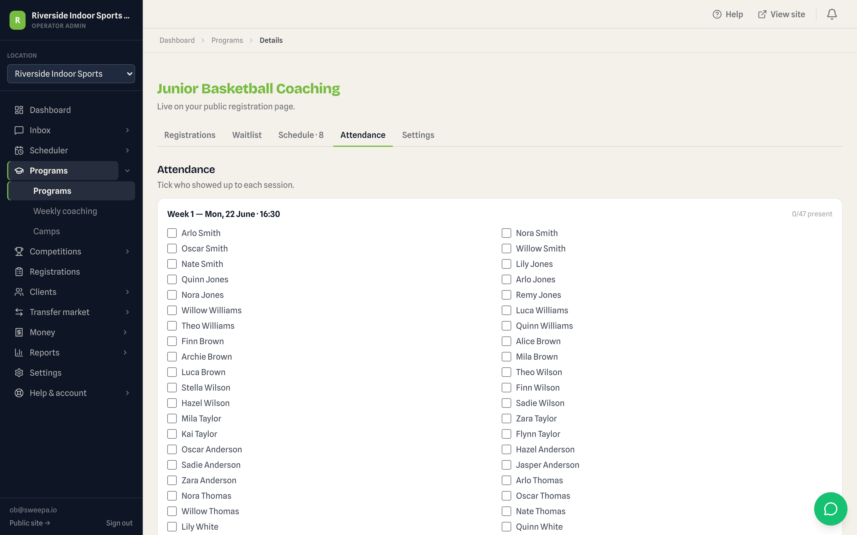 Admin attendance screen showing a coaching class roll with present and absent marks