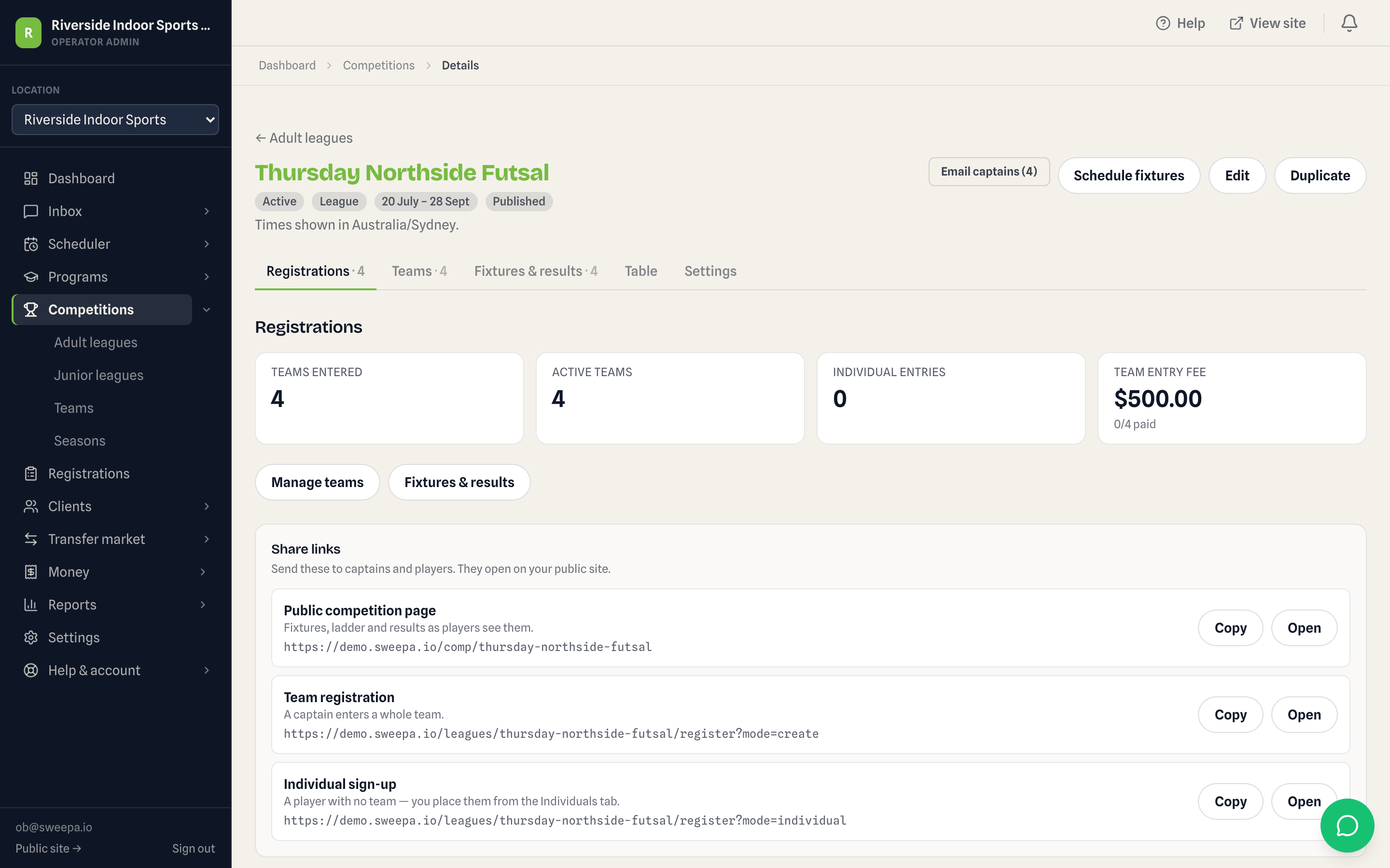 Admin results entry screen showing quick score entry against a round's fixture list