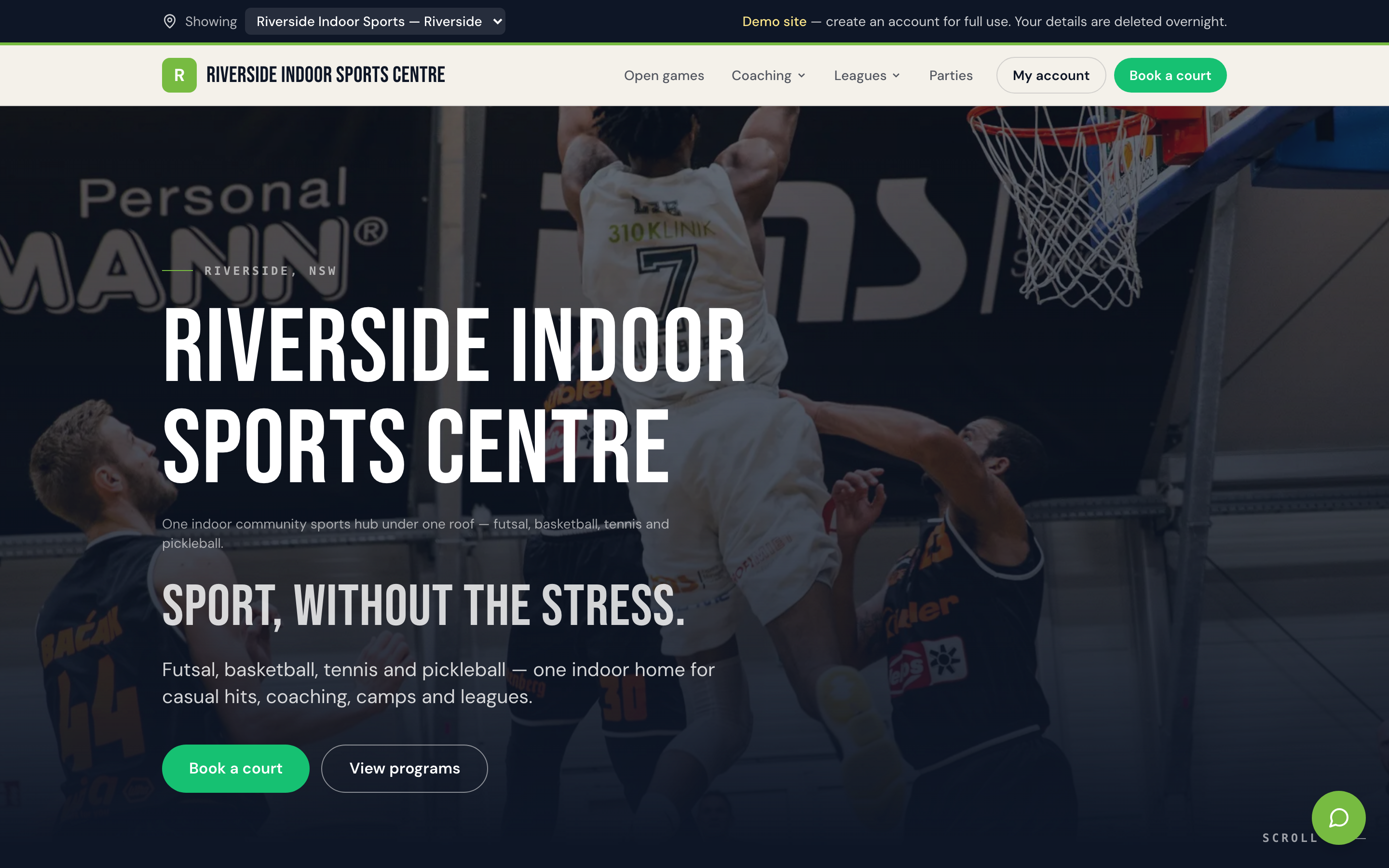 Branded venue website showing bookings, coaching, camps and leagues under one platform