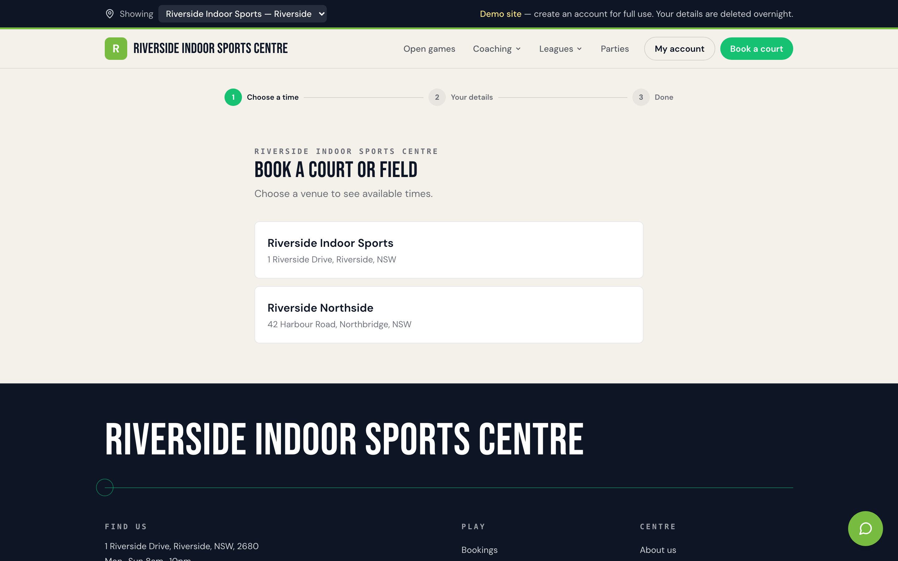 Public booking page showing an open social sport session with spots remaining