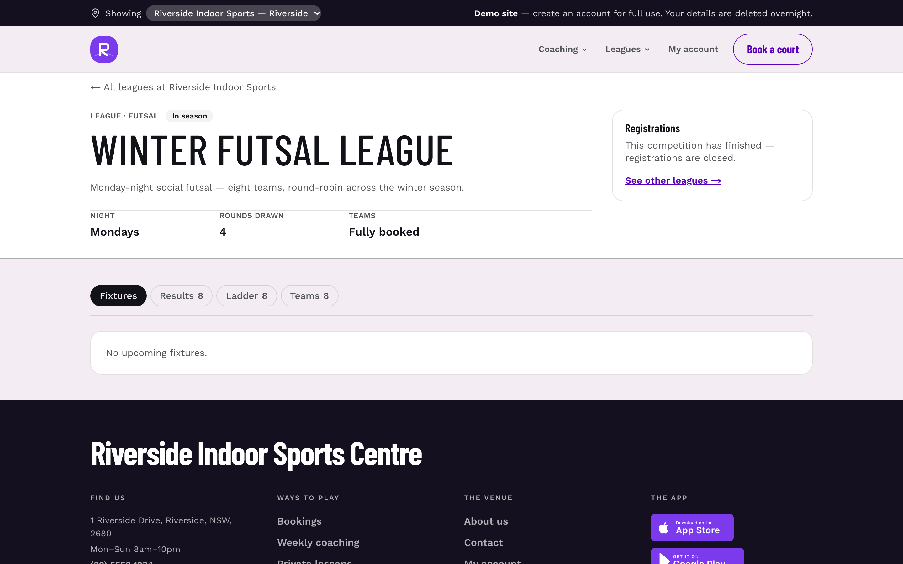 Public competition page showing a division ladder alongside recent round results