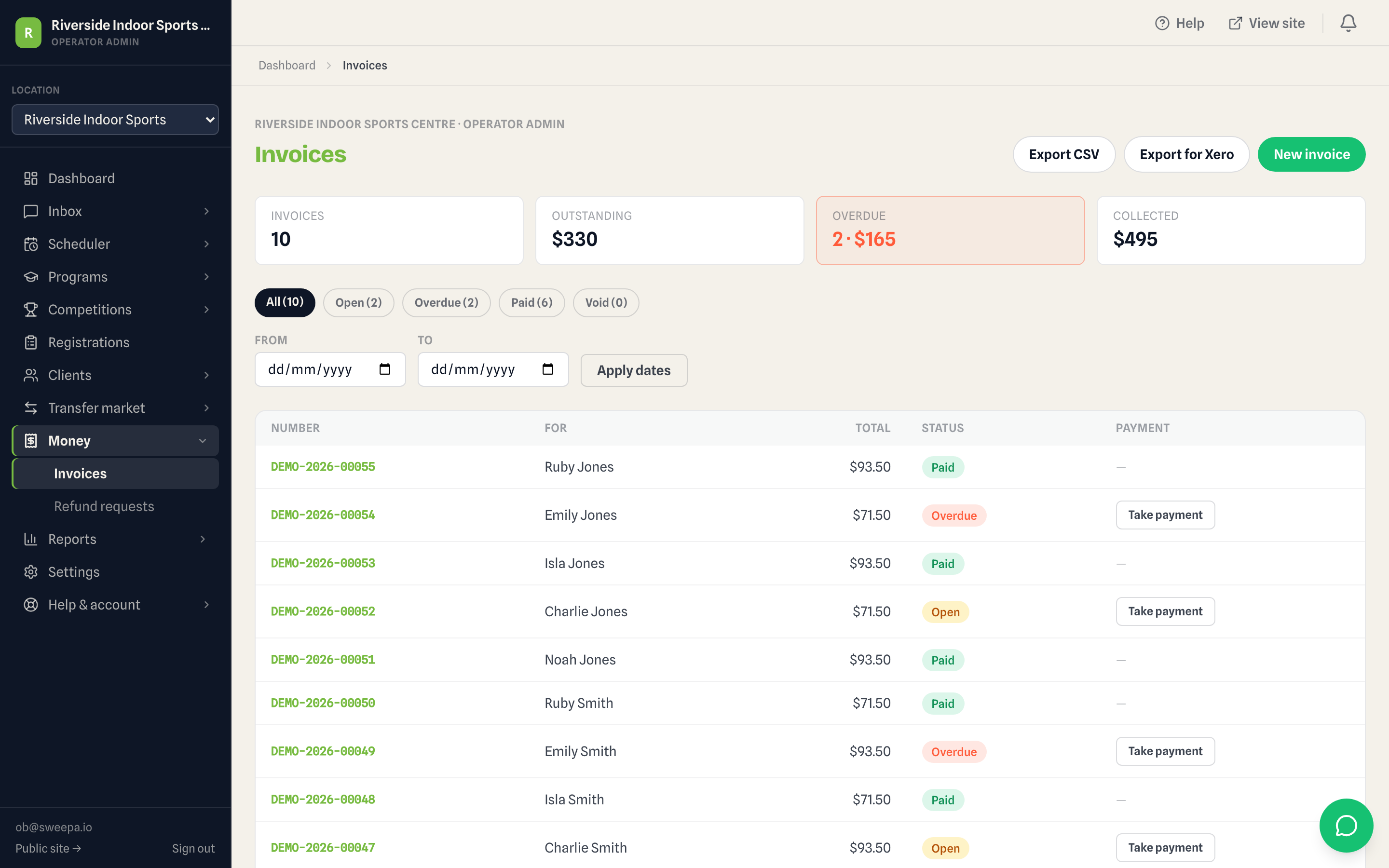 Operator invoicing dashboard listing recurring hirer invoices and payment status