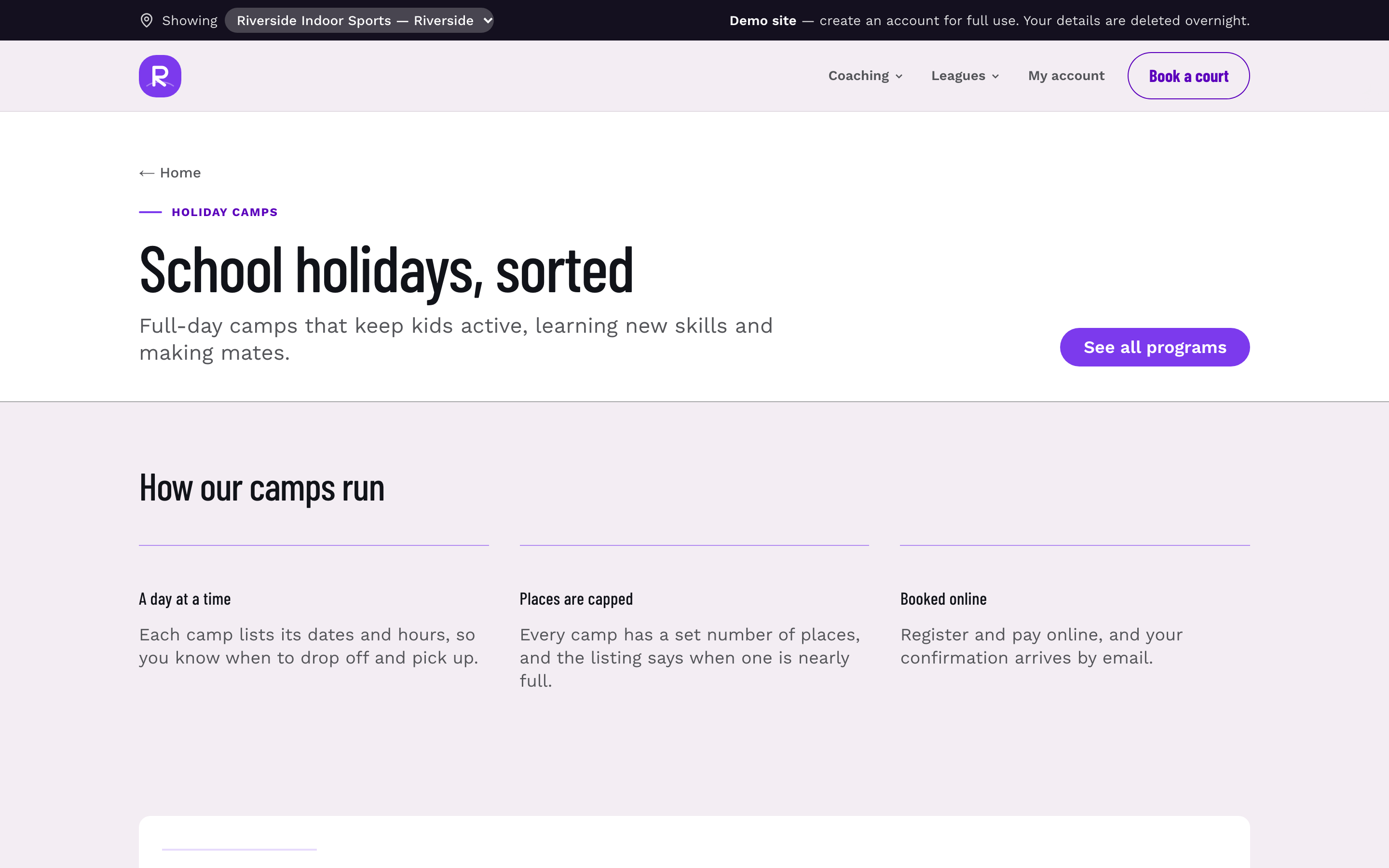 Holiday camp listing page showing bookable camp days for parents to choose from