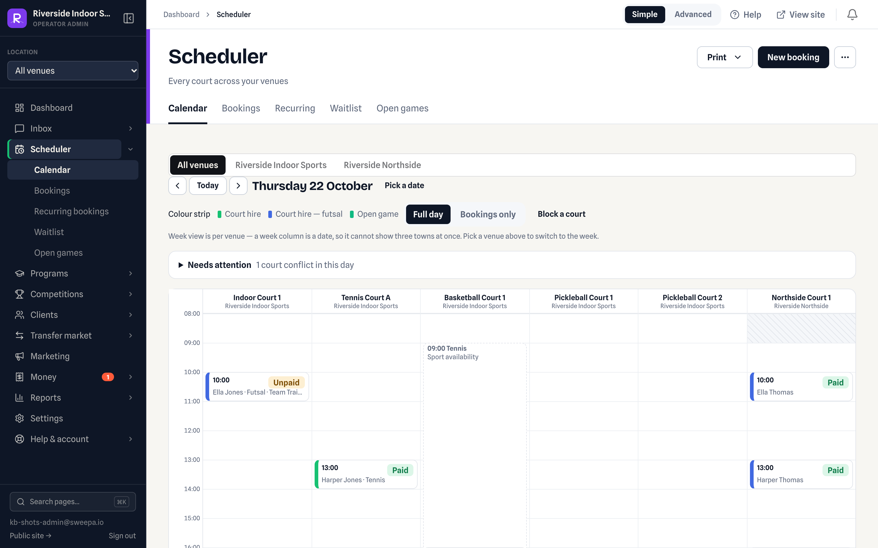 Scheduler showing a day of court bookings across afternoon and evening slots