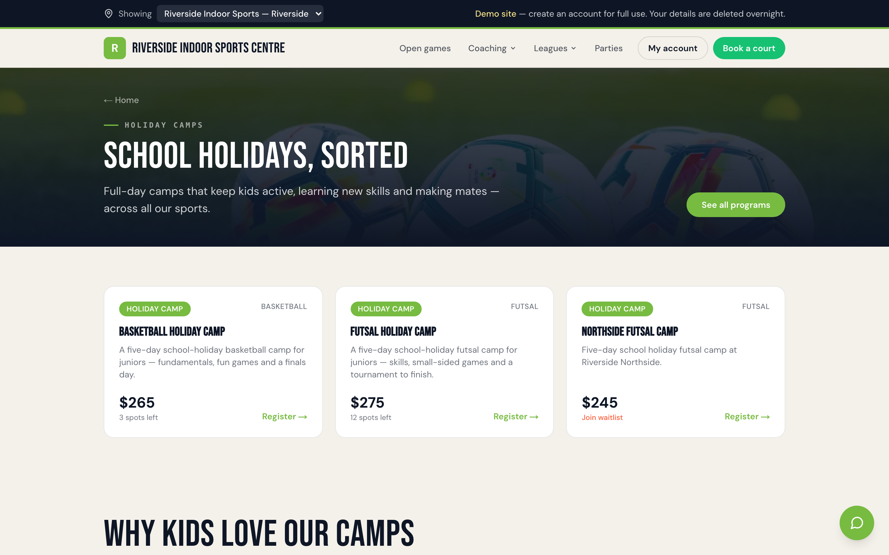 Public camp registration page showing weekly and daily holiday camp pricing options