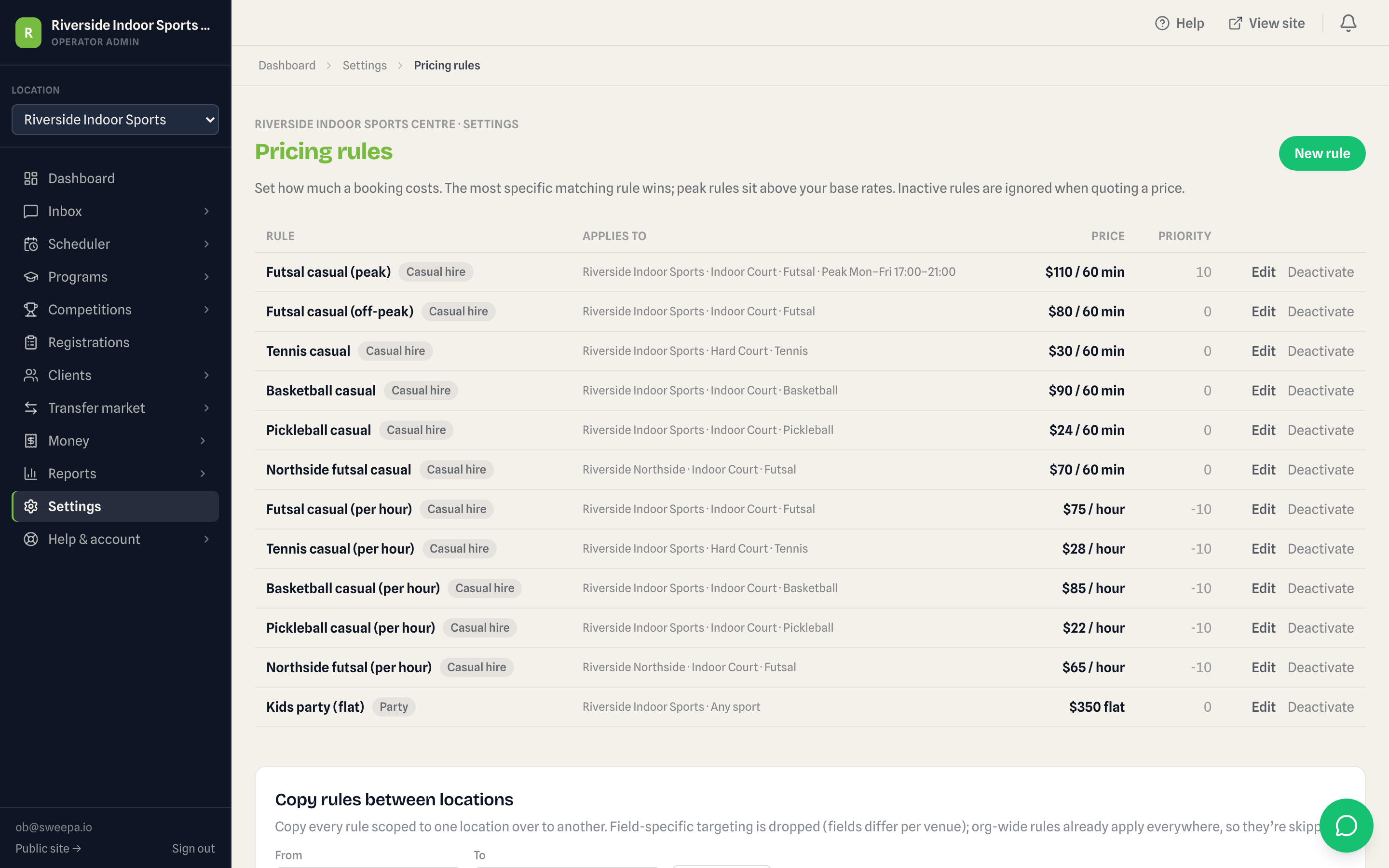 Admin screen showing peak and off-peak pricing rules configured for a court
