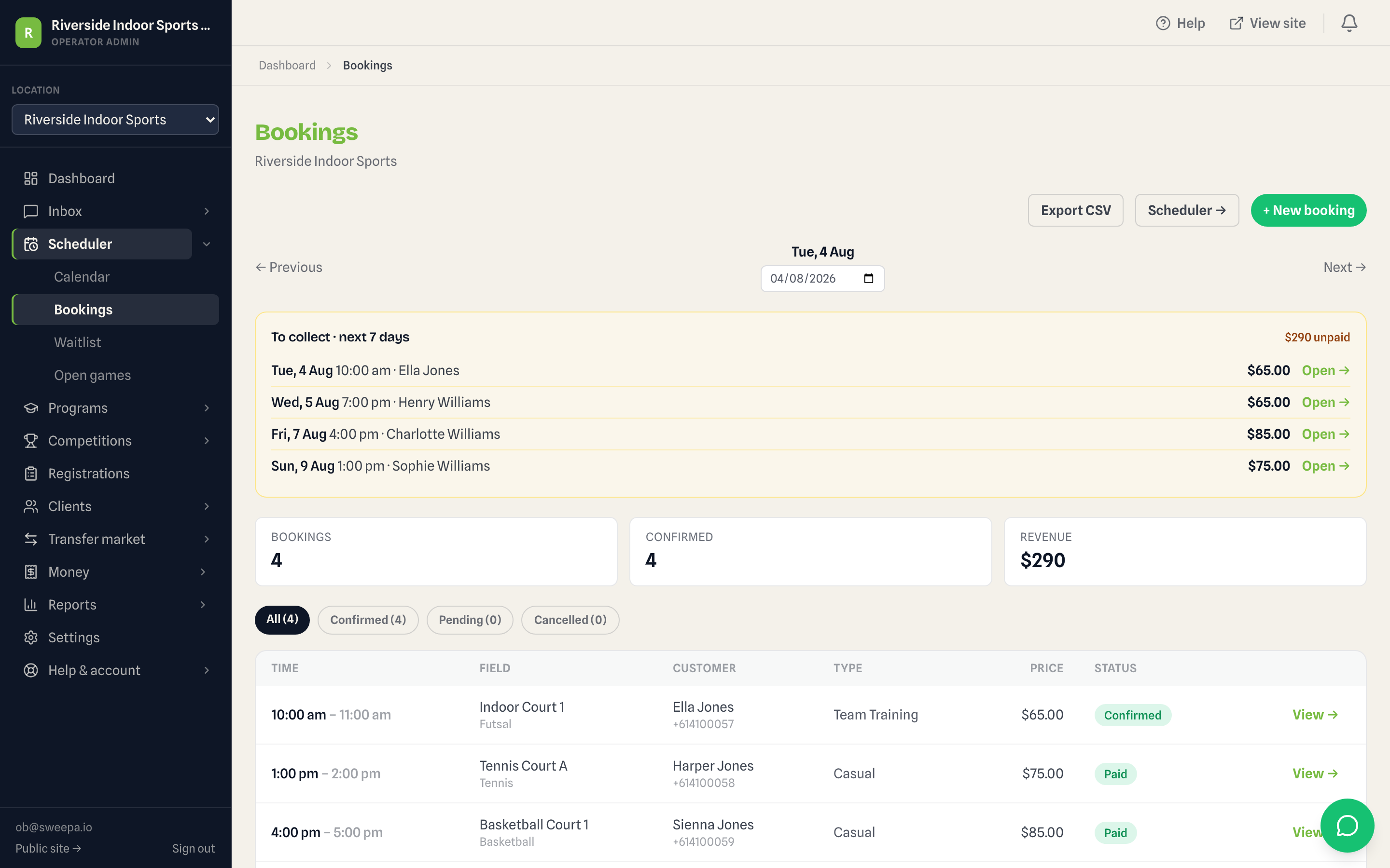 Operator dashboard showing daily court bookings with payment status