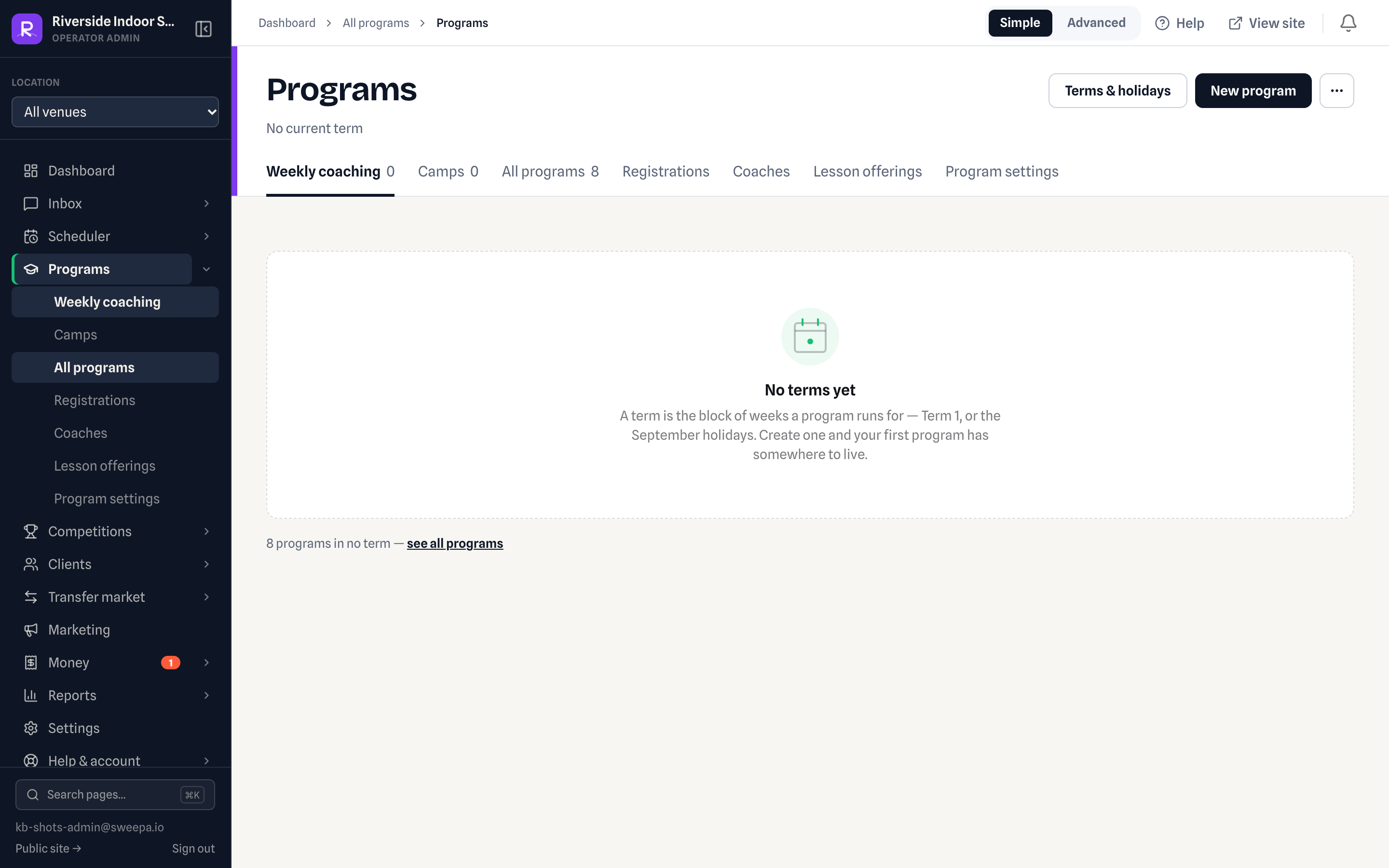 Operator view of term programs listing current classes for a mid-term enrolment review
