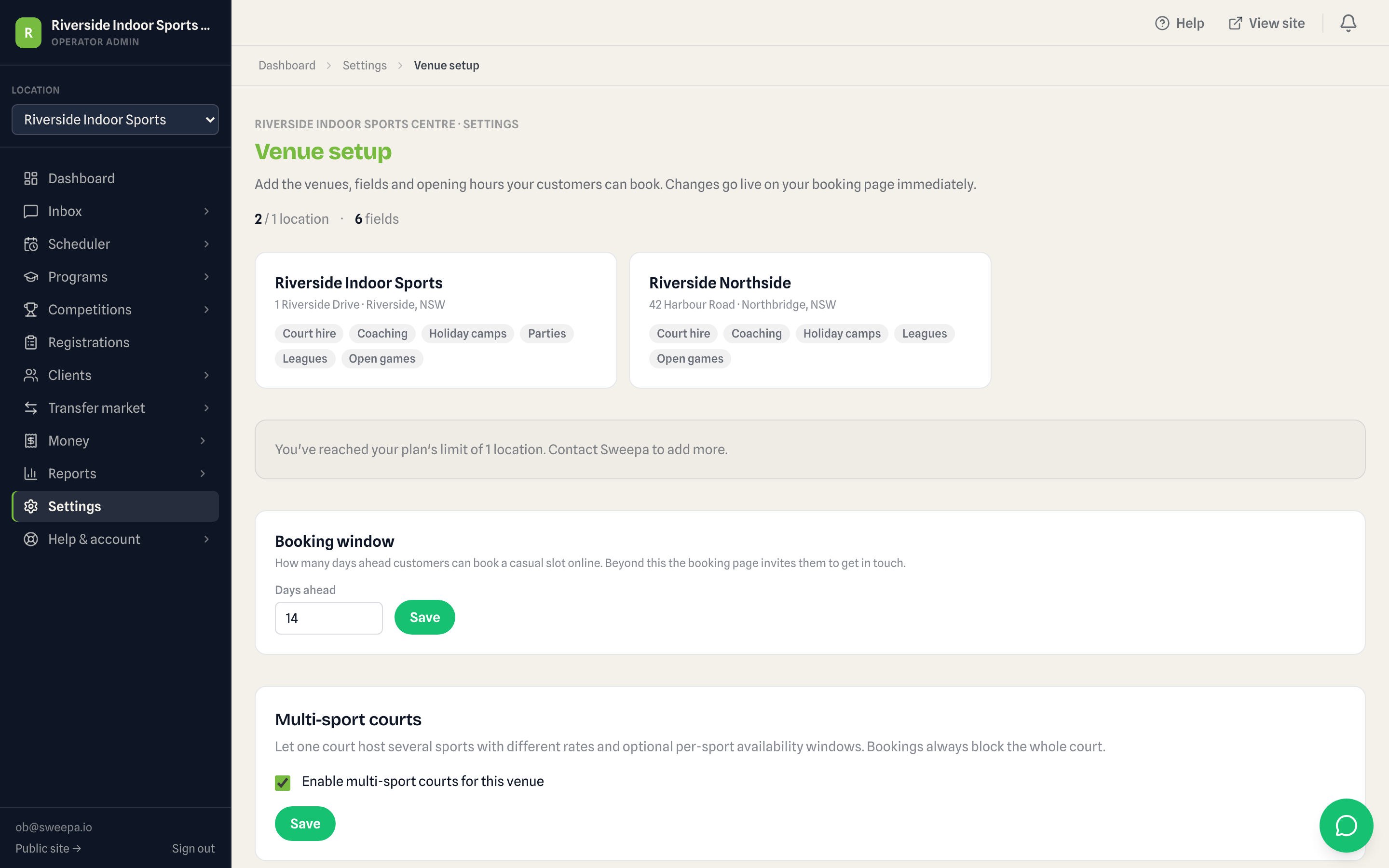 Admin settings screen listing multiple venue locations under one account