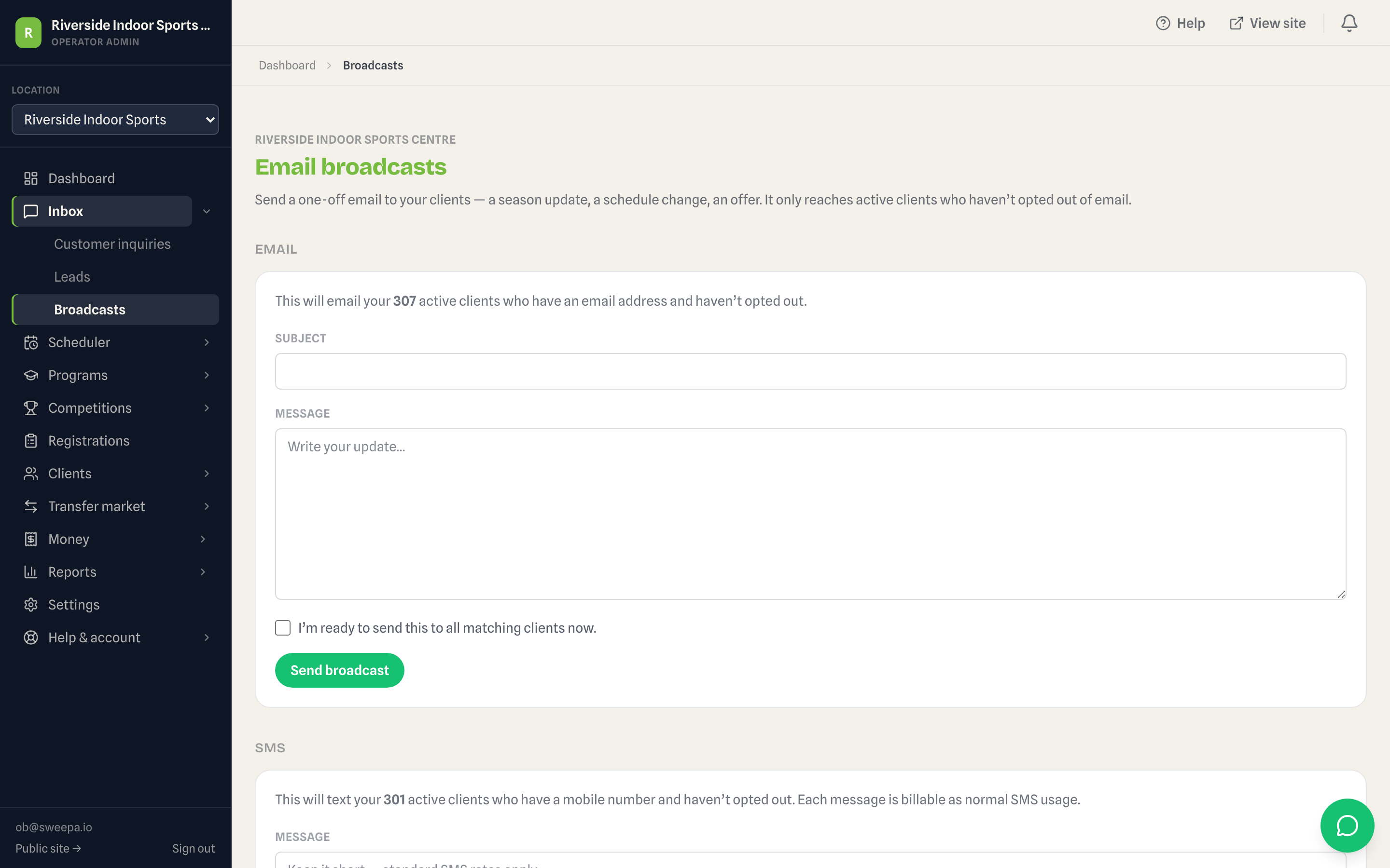 Operator admin screen composing an email or SMS message to a coaching program parent group