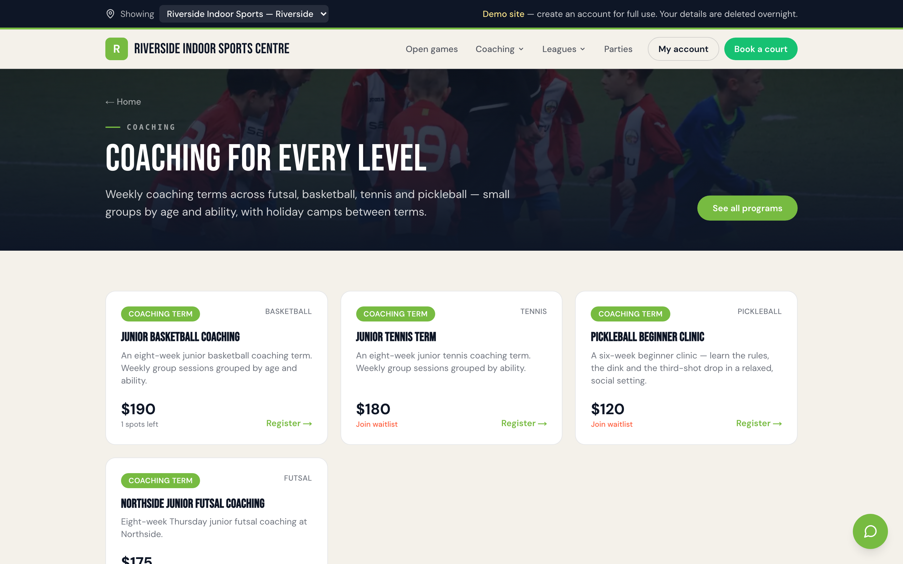Term program registration form on a sports venue website showing child and payment details