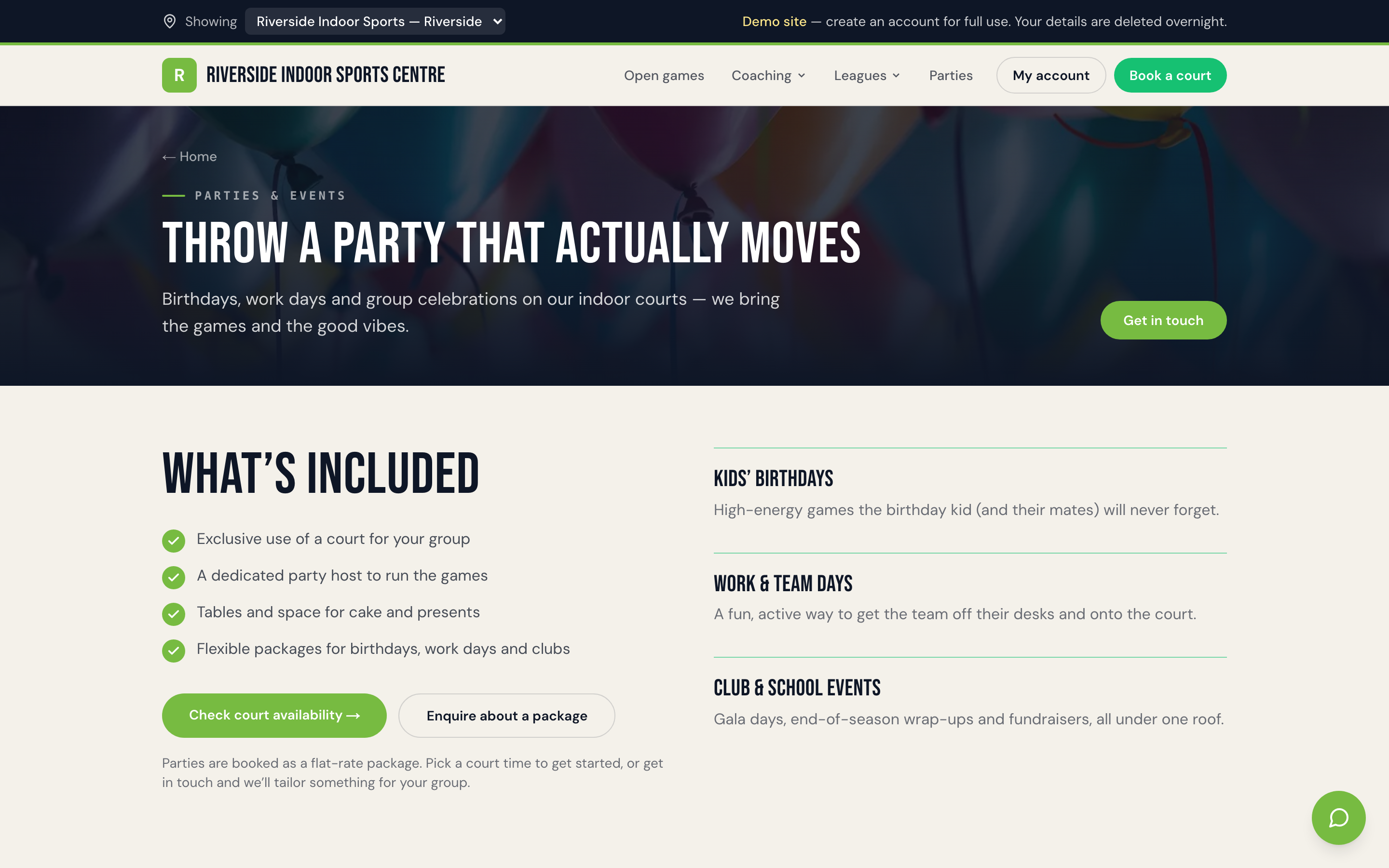 Public parties booking page showing sports venue birthday party packages with pricing and capacity