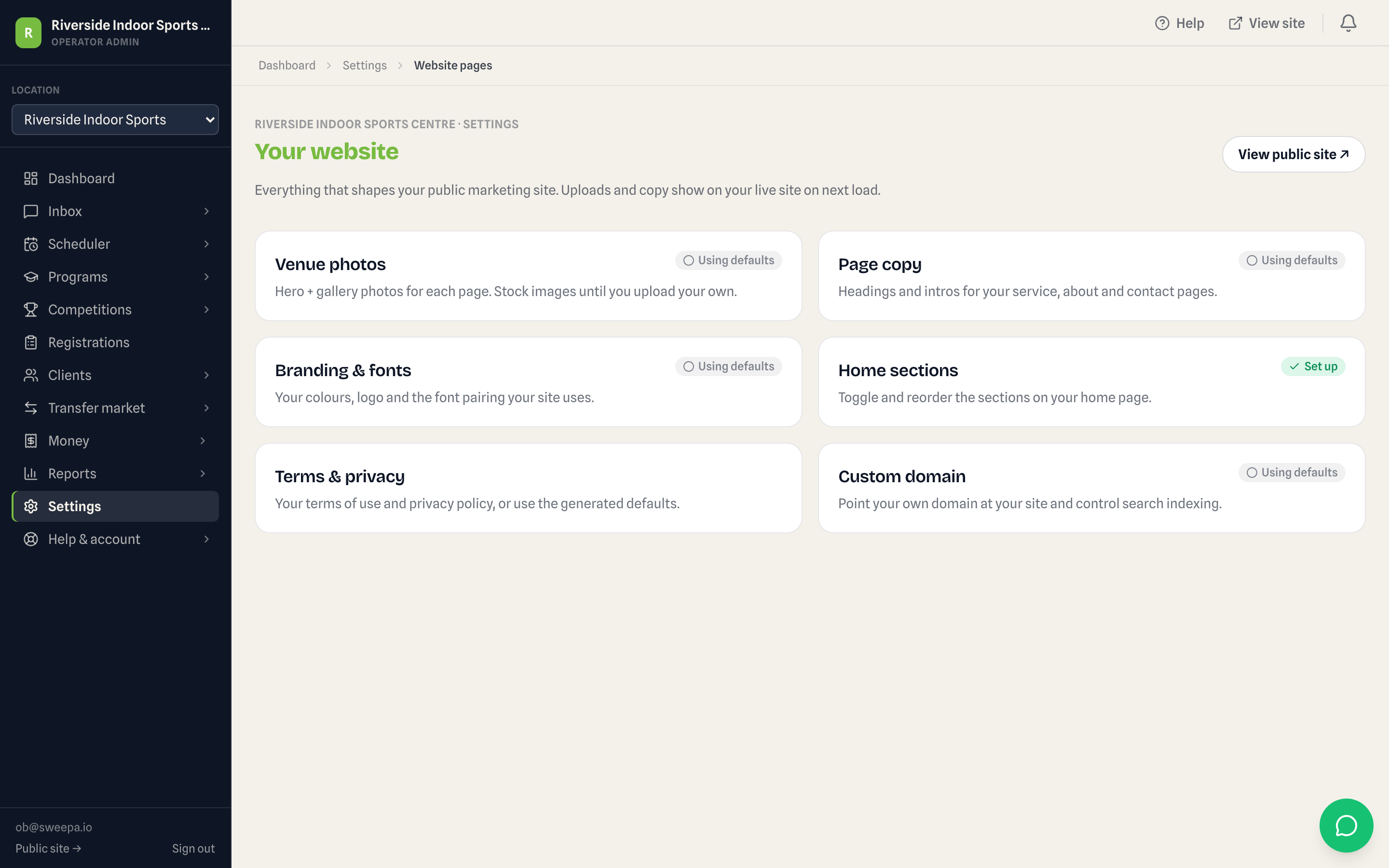 Operator site editor showing configurable website sections and live preview