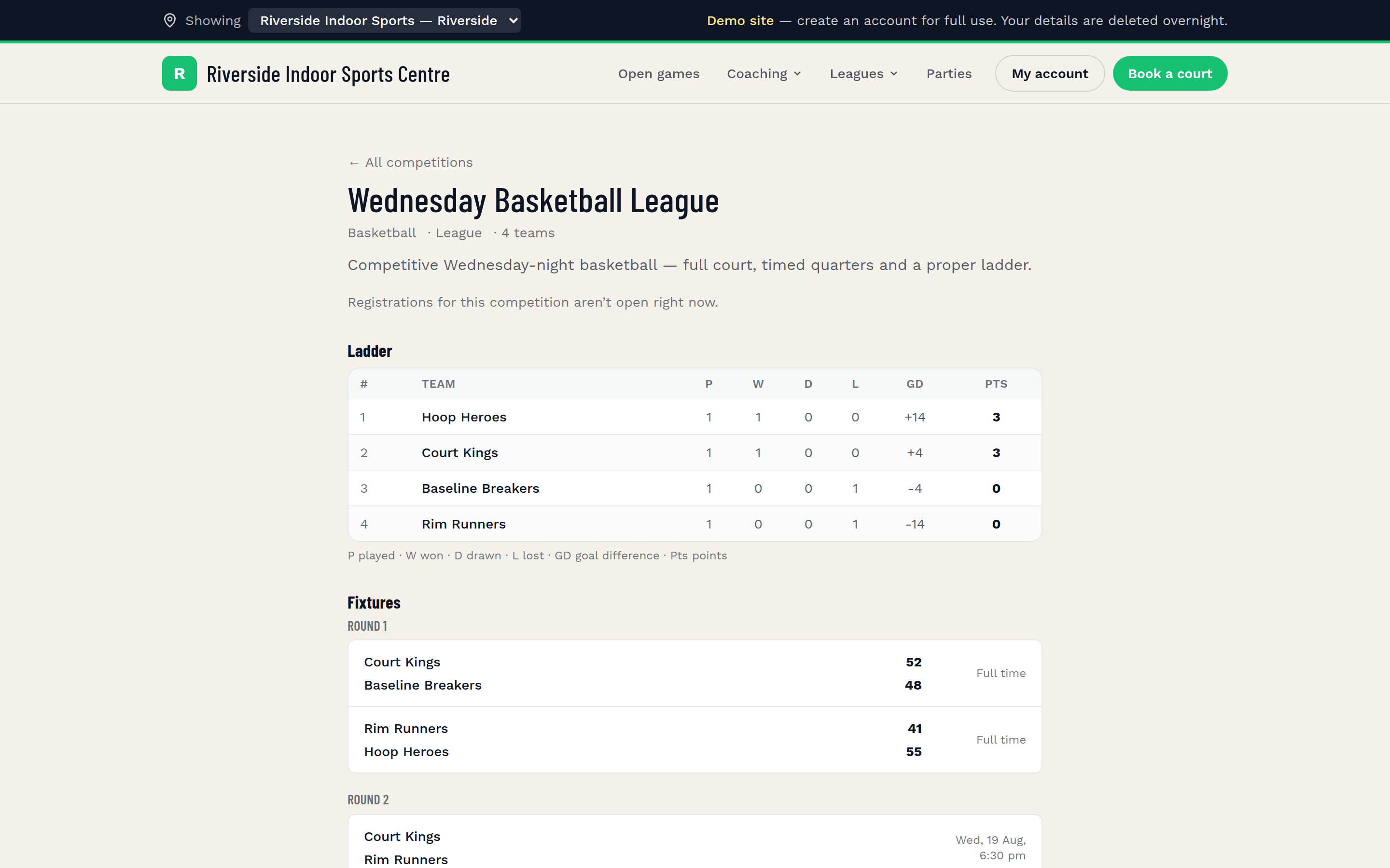 Sweepa competition page with futsal ladder, results and upcoming round fixtures
