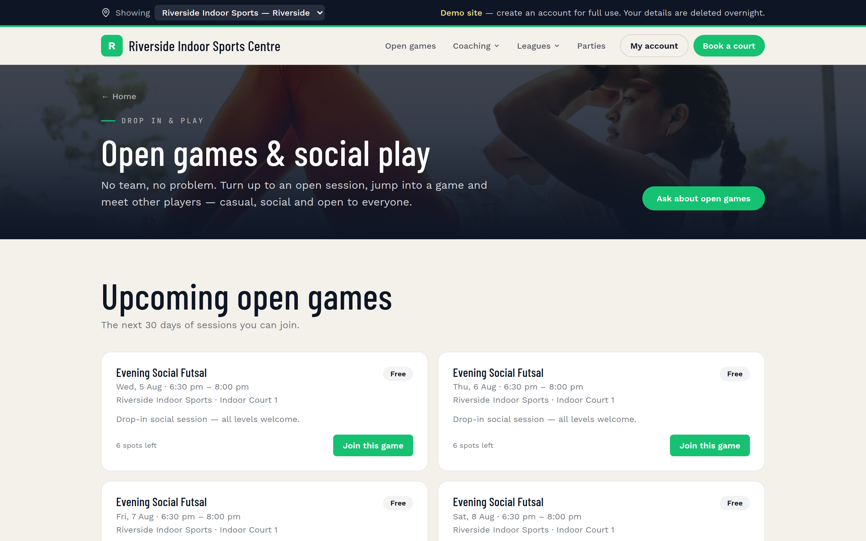 Sweepa open games page showing available futsal sessions and booking spots