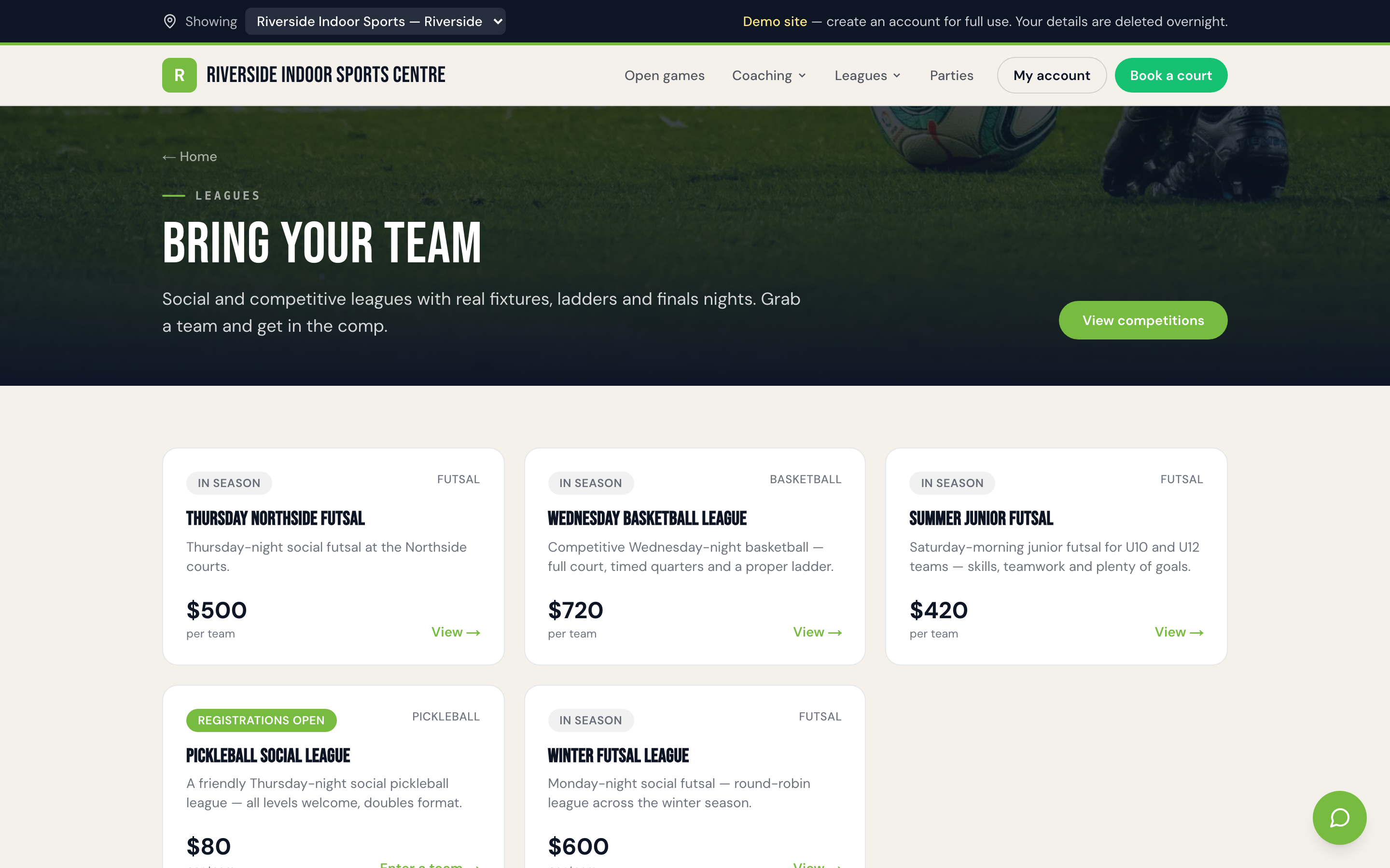 Team registration page showing a player joining a roster and paying their fee online
