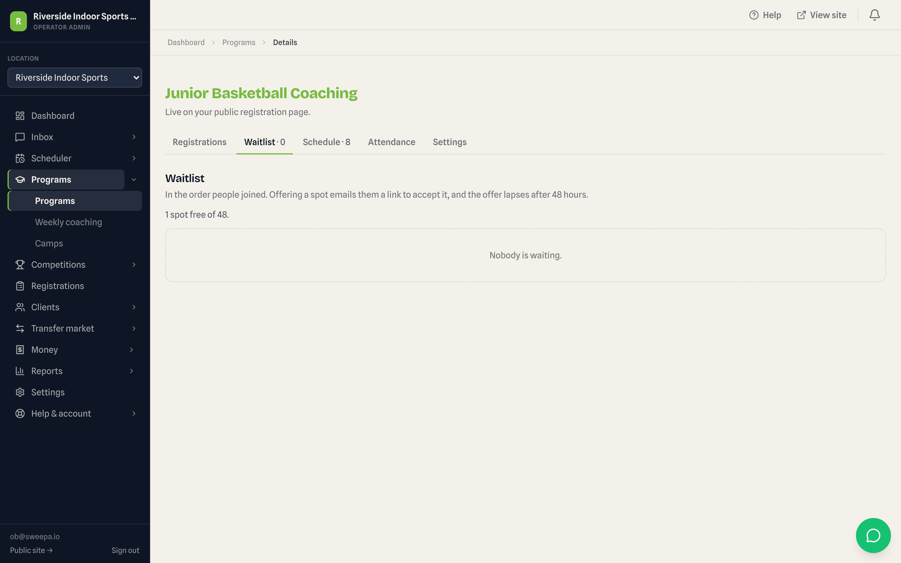 Admin waitlist for a coaching program showing families waiting for a place